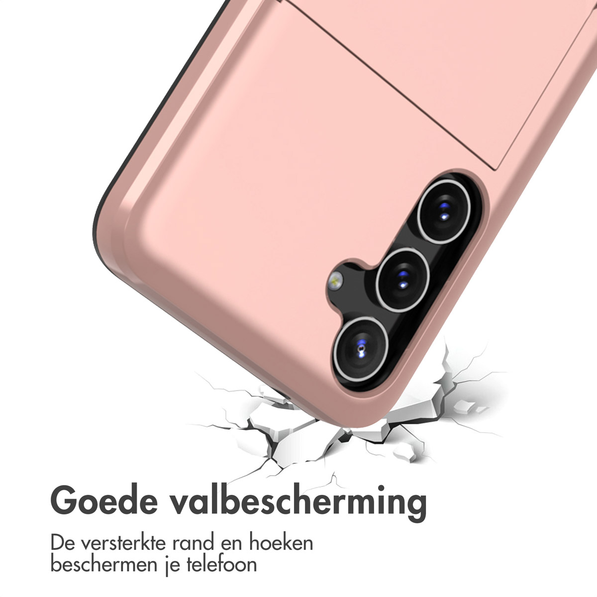 Roze telefoonhoesje met camera. De hoes beschermt de telefoon met versterkte randen en hoeken bij een val.