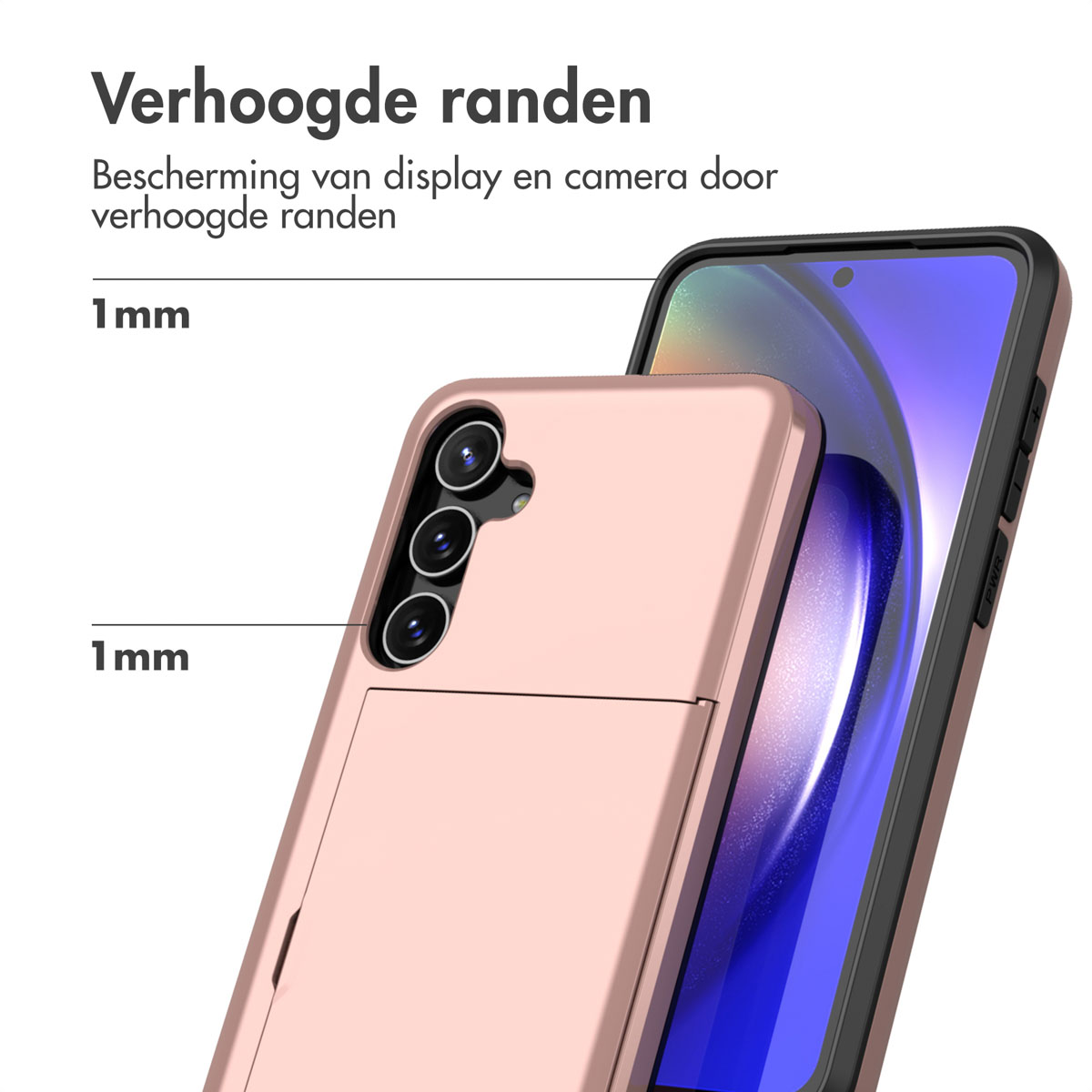 Rosé gouden telefoonhoes met verhoogde randen. Telefoon heeft camera en scherm zichtbaar.