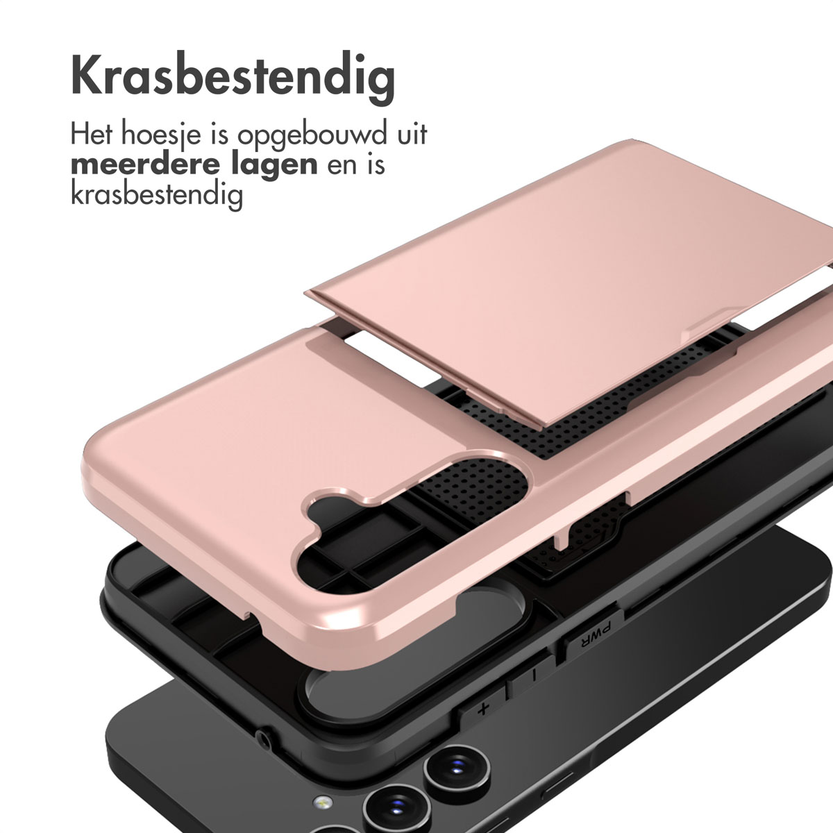 Telefoonhoes met lagen, roze buitenkant, zwart binnenin. Krasbestendige constructie.