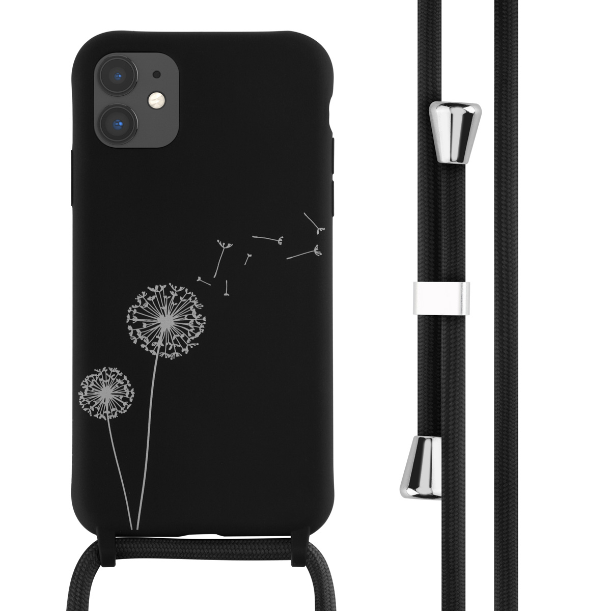 Schwarze Handyhülle mit Pusteblumen-Design und schwarzem Umhängeband. Das Band hat silberne Akzente.