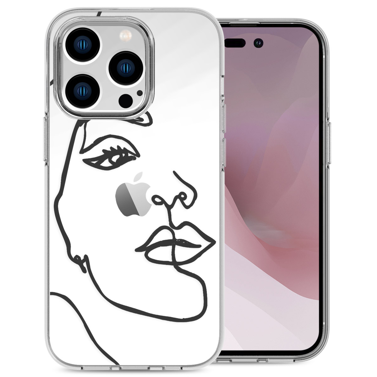 Una custodia per telefono con il disegno di un volto e un telefono con schermo.