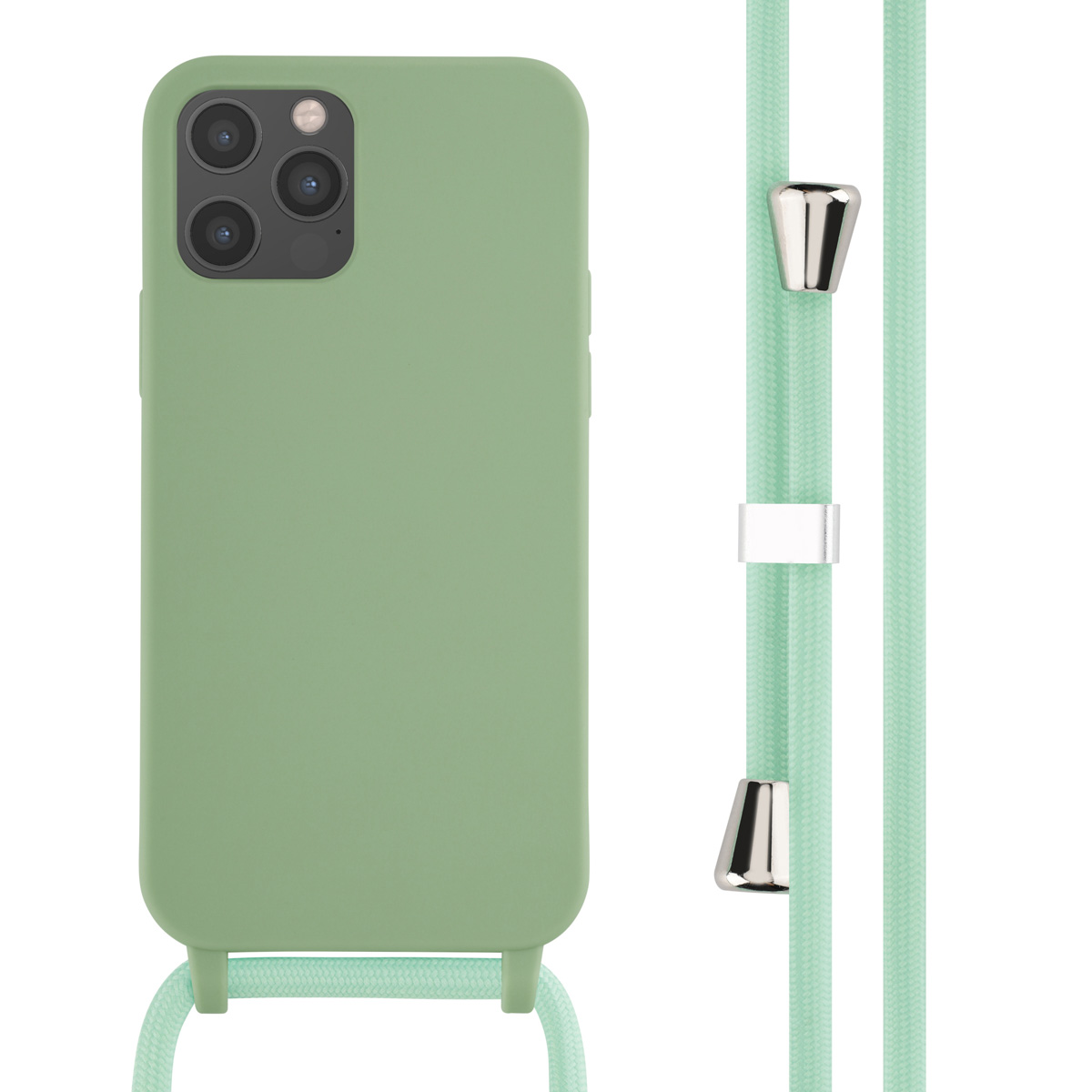 Coque de téléphone verte avec un cordon assorti. Le cordon a des accents argentés.