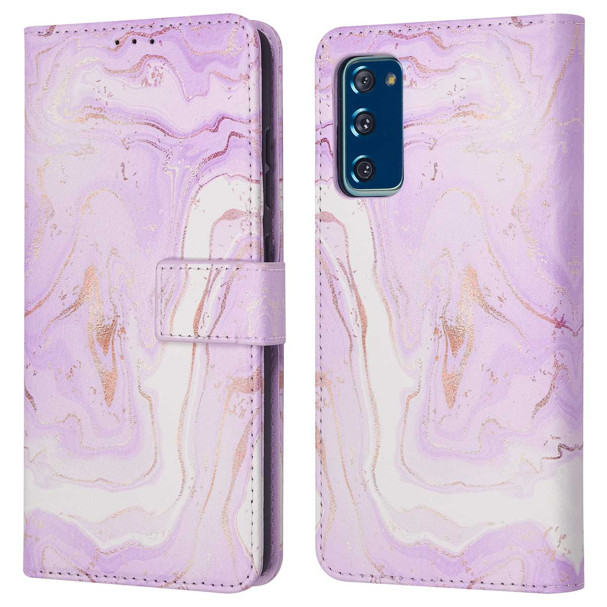 Étui de téléphone à motif marbre violet avec accents dorés et boîtier caméra.