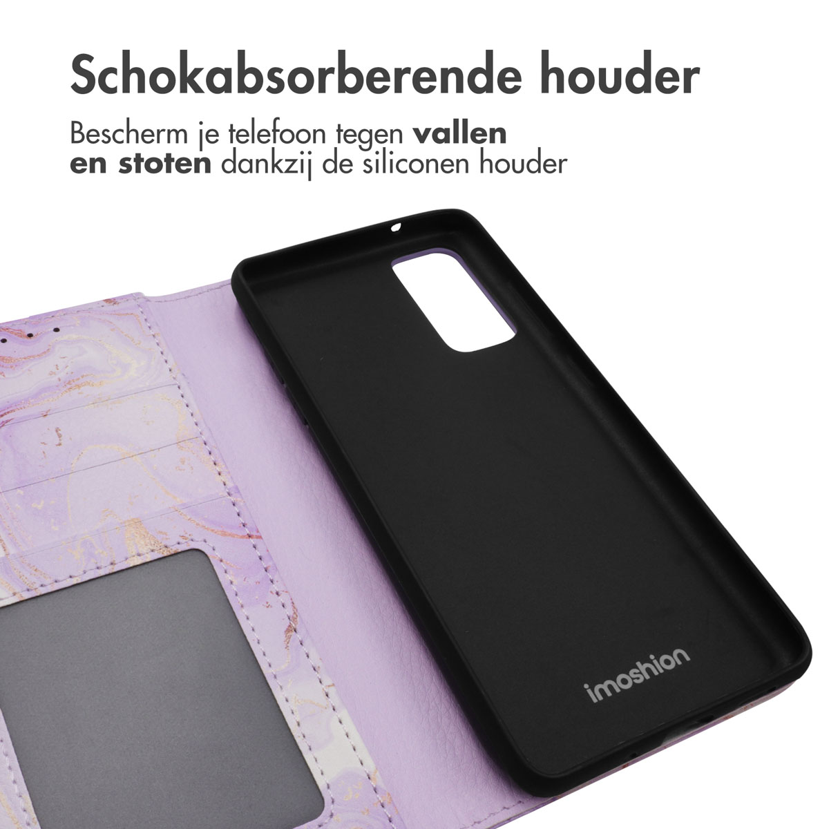 Coque de téléphone noire et étui portefeuille marbre violet côte à côte.