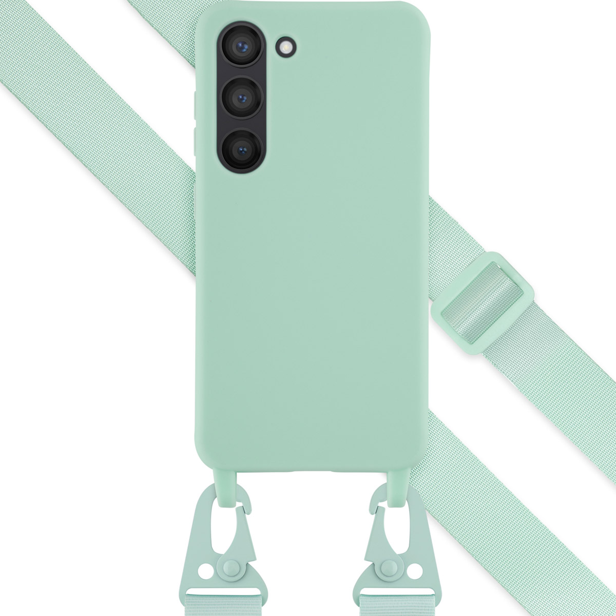 Coque de téléphone vert menthe avec une sangle et des fermoirs. La coque est unie.