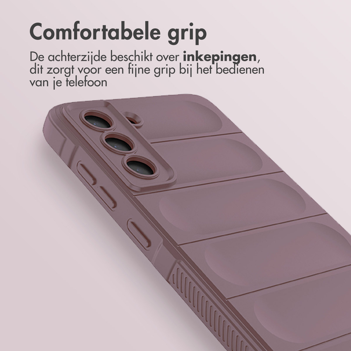 Donkerbruin telefoonhoesje met textuur. Tekst: Comfortabele grip.