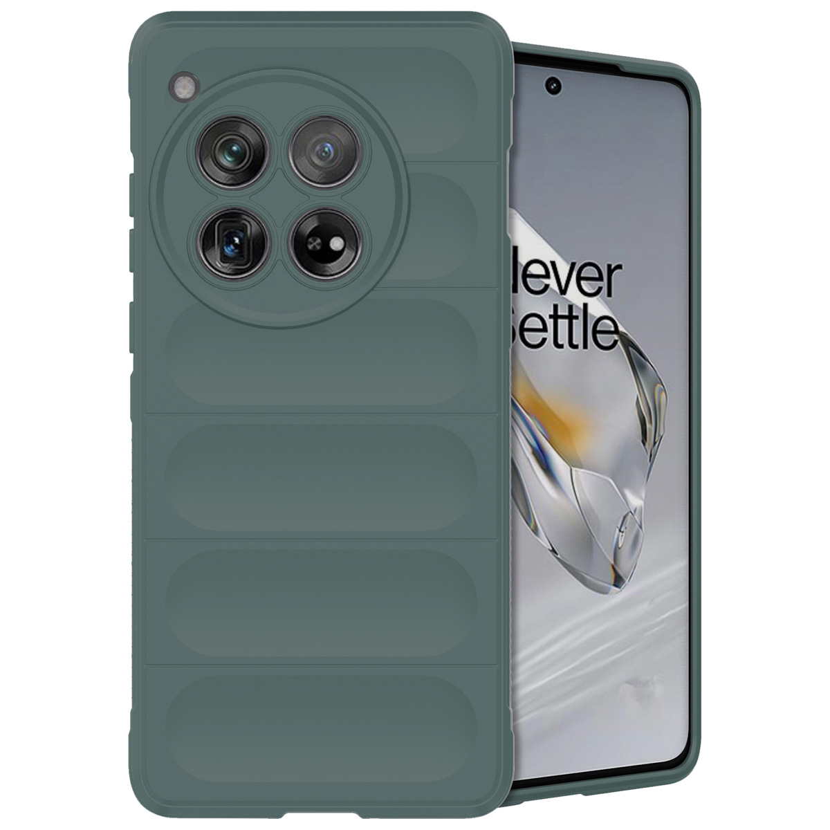 Custodia verde per telefono con design unico e sporgenza della fotocamera. Schermo visibile.