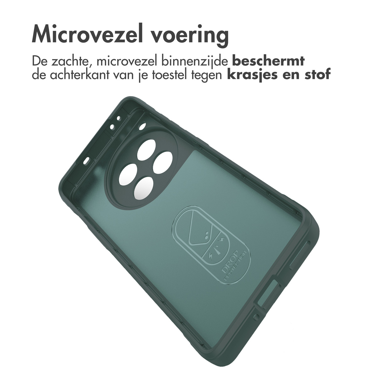 Una custodia per telefono verde con l'interno visibile. L'etichetta di protezione dalle cadute è visibile.