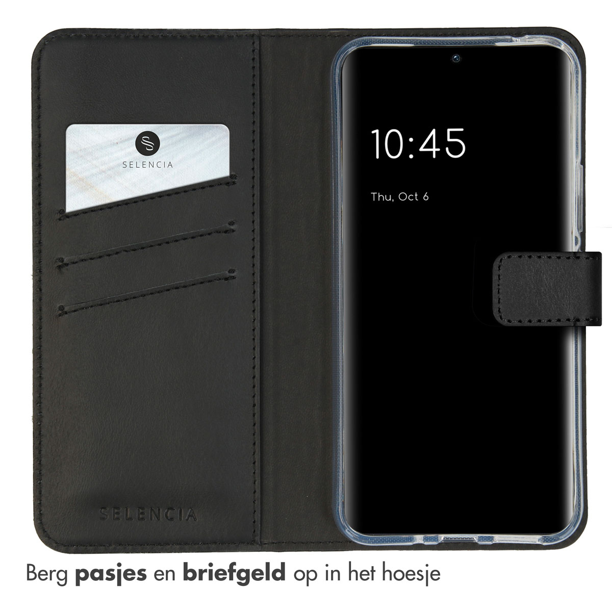 Étui de téléphone en cuir noir avec fentes pour cartes et une carte d'identité visible.