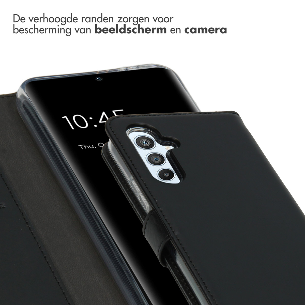 Téléphone noir avec étui protégeant l'appareil photo et l'écran.