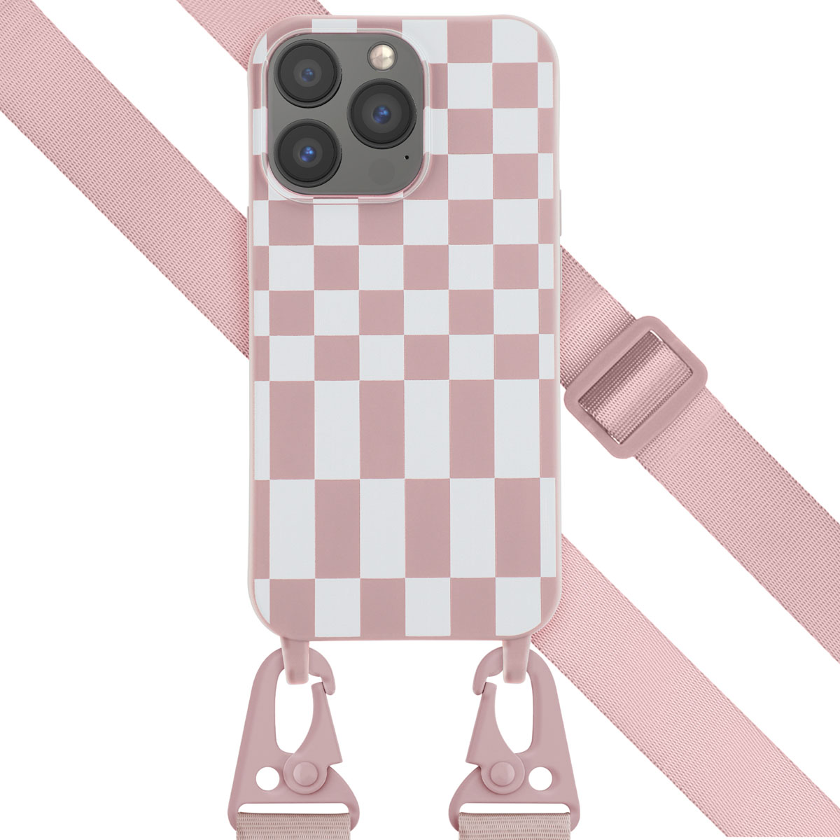 Coque de téléphone rose à carreaux avec sangle et clips. La sangle est rose.