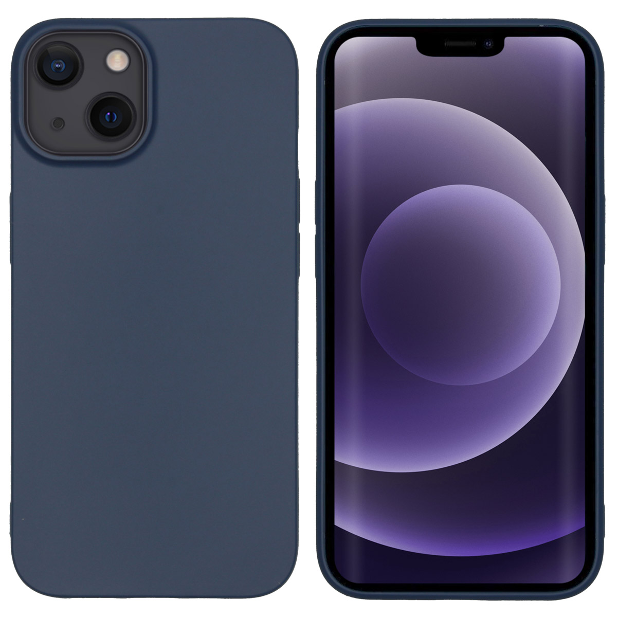 Dunkelblaue Handyhülle und ein Telefon mit lila Bildschirm.