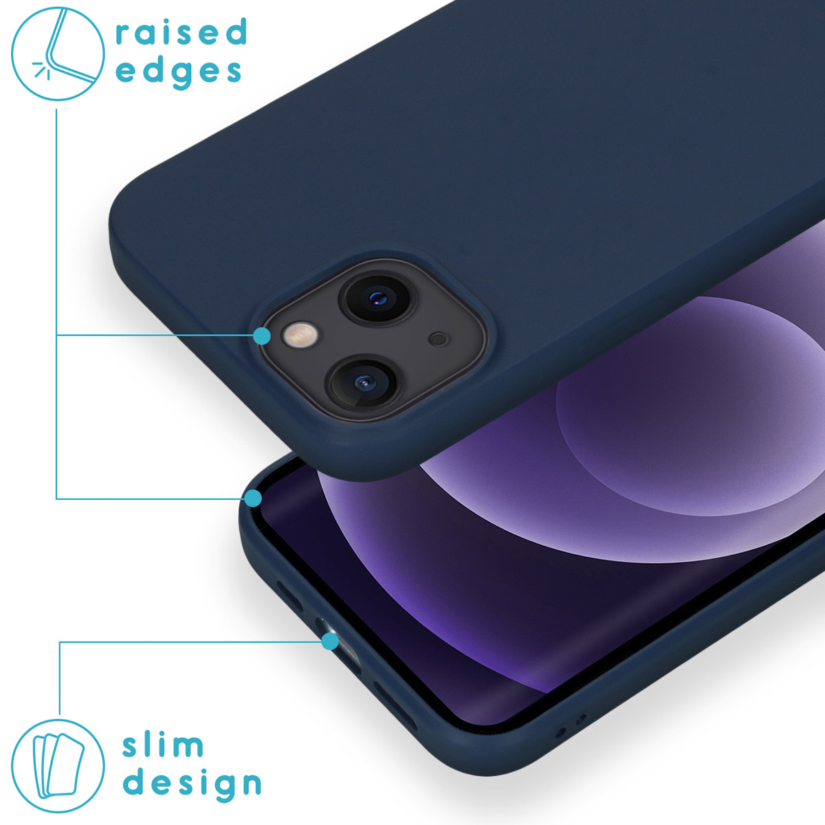 Eine blaue Handyhülle in Nahaufnahme. Sie ist mit einem Telefon gepaart. Die Hülle hat erhöhte Kanten und schlankes Design.