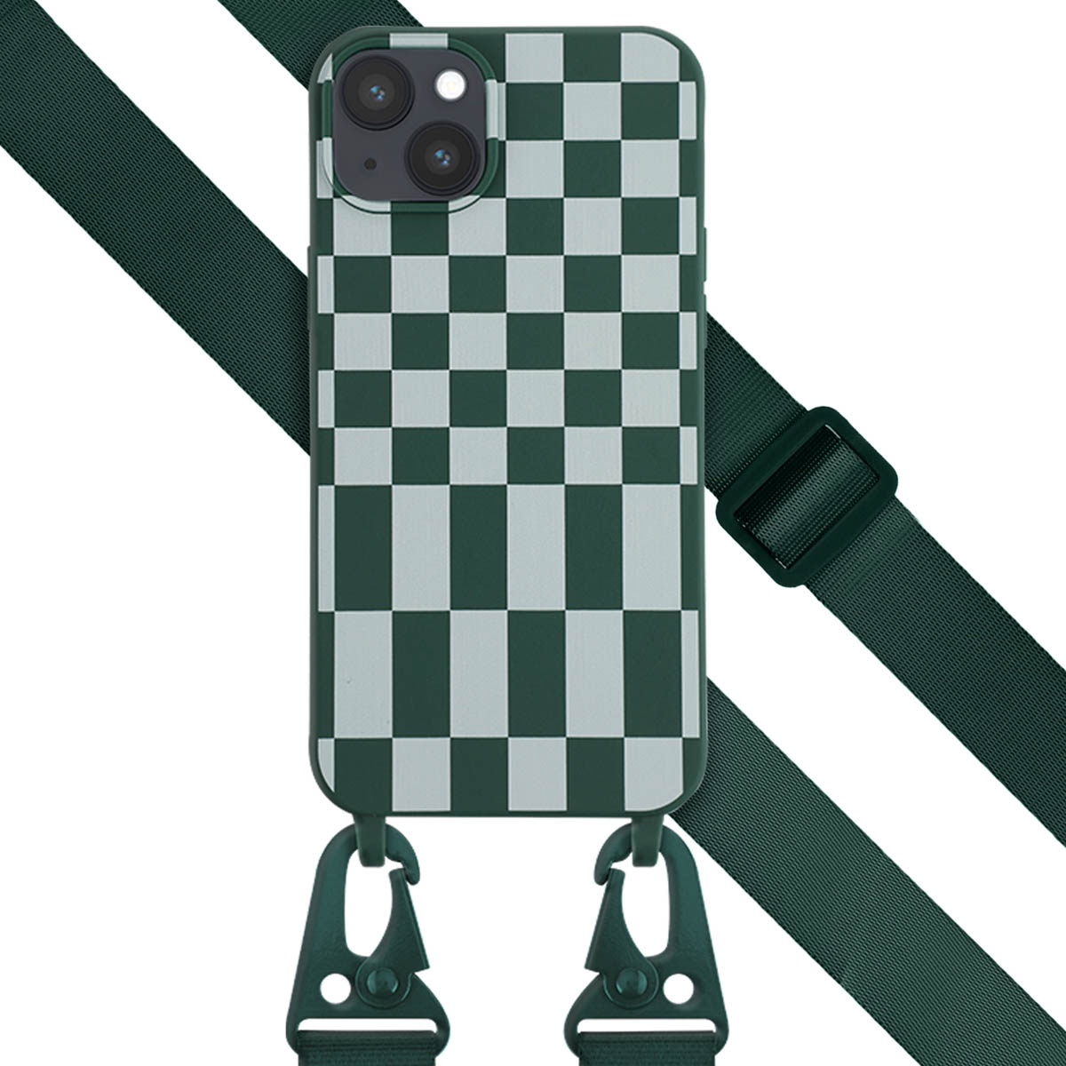 Coque de téléphone à carreaux verts et blancs avec sangle et clips verts.