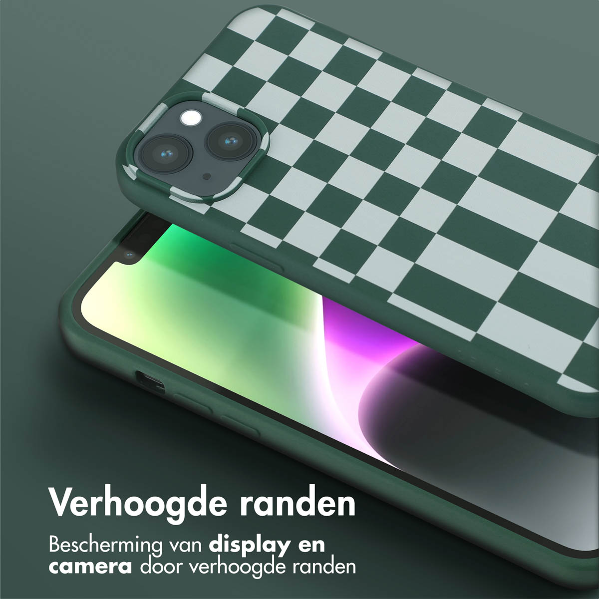 Coque de téléphone à carreaux verts et blancs, avec un téléphone à droite.