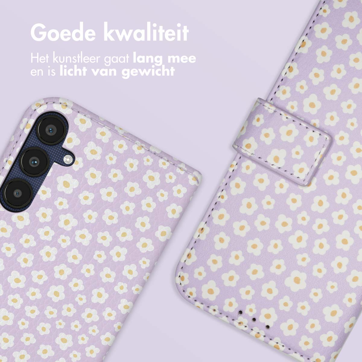 Étui de téléphone violet avec fleurs blanches et jaunes et module caméra.
