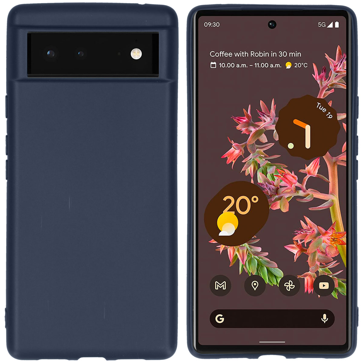 Marineblauw telefoonhoesje met een telefoon die de tijd en datum toont.