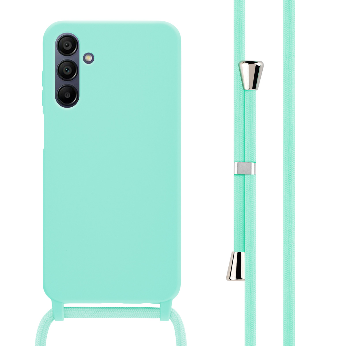 Une coque de téléphone vert menthe avec un cordon. Le cordon est vert avec des détails métalliques.