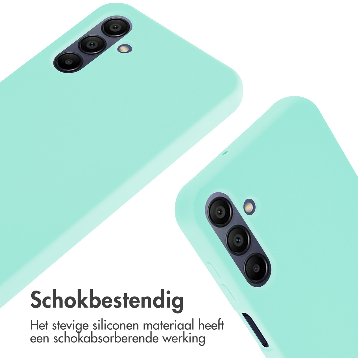 Deux coques de téléphone turquoise avec trois caméras chacune, sur fond blanc.