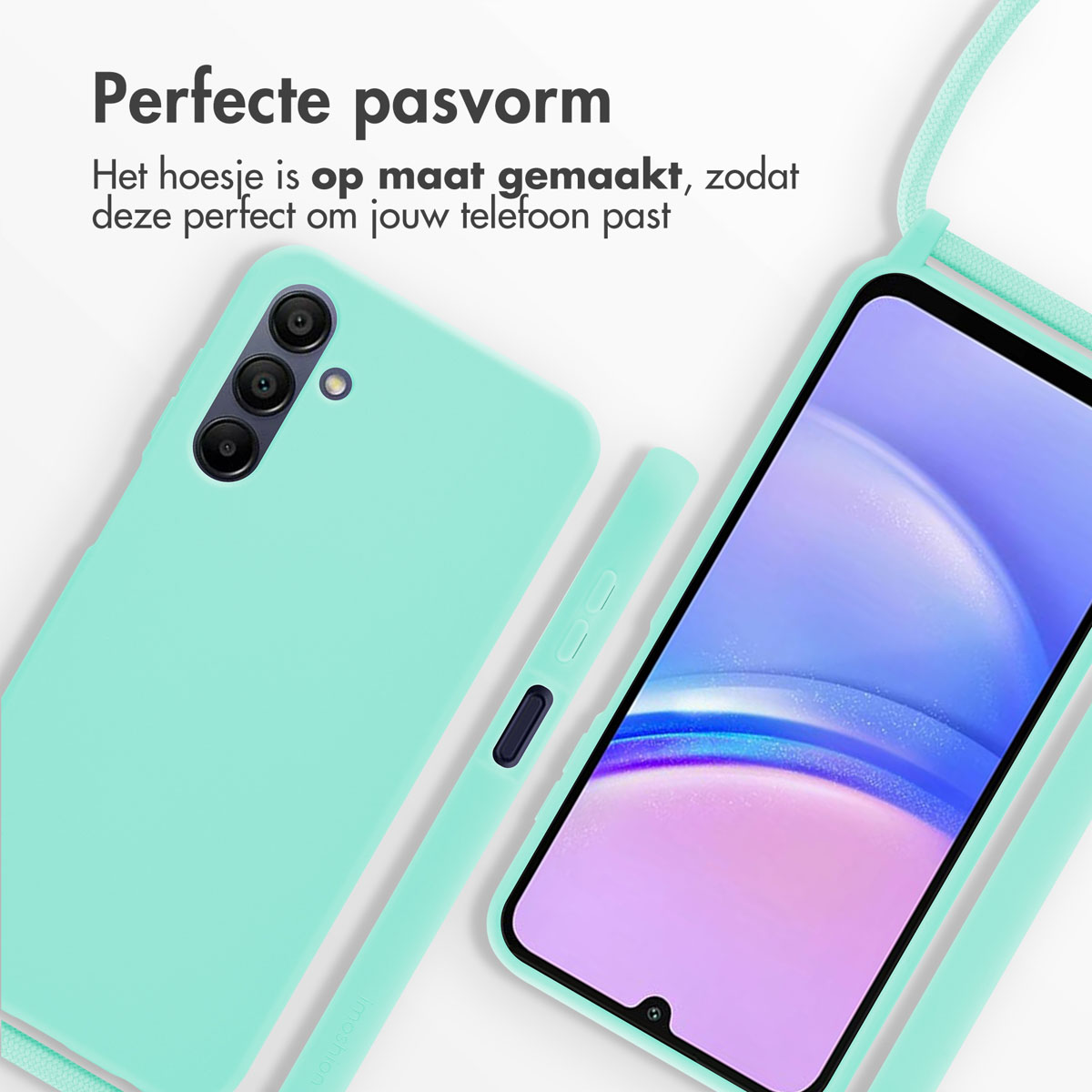 Coque de téléphone et smartphone turquoise, gros plan.