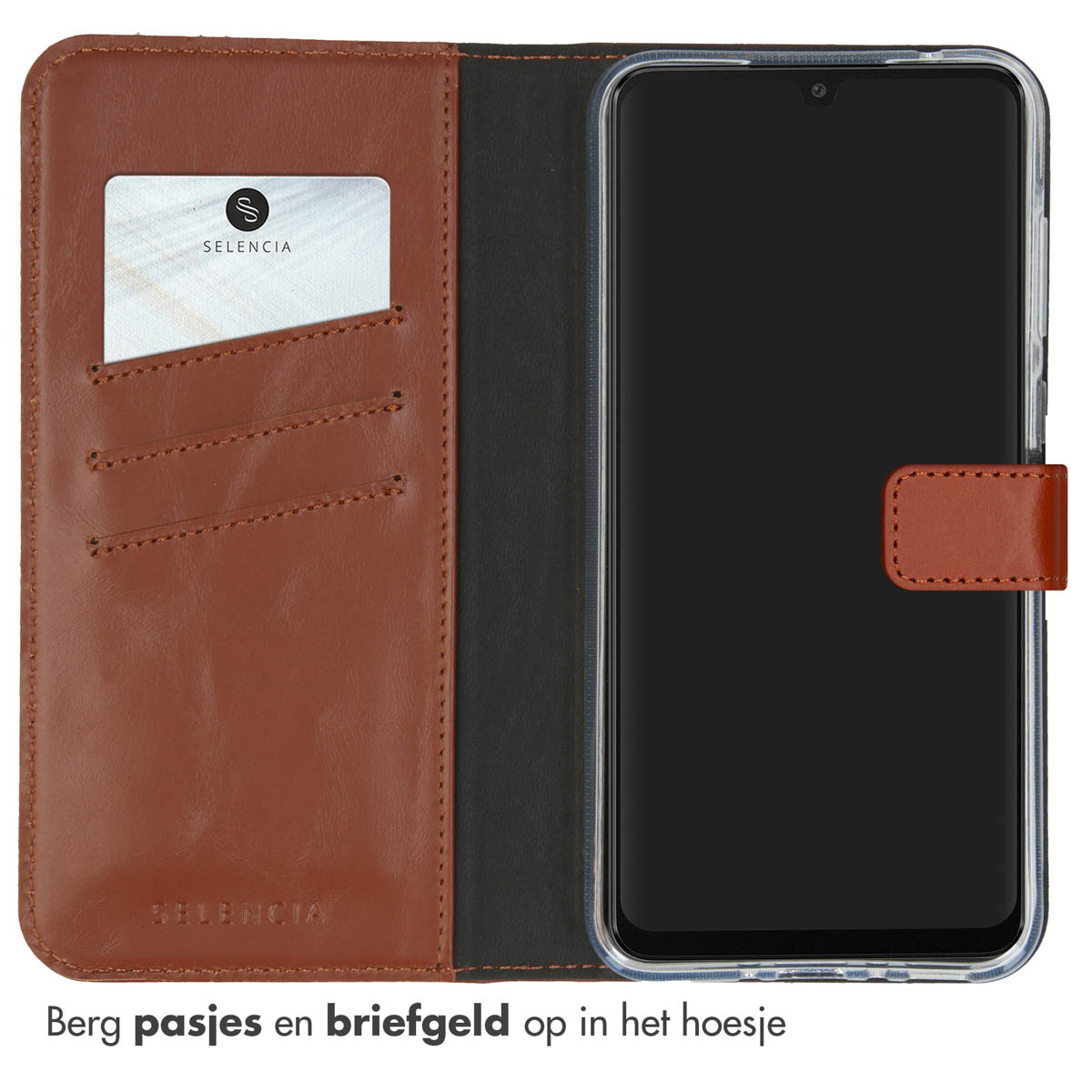 Bruine telefoonhoes geopend, met kaart en telefoon erin. Tekst: 'Bewaar passen en geld in de hoes'.