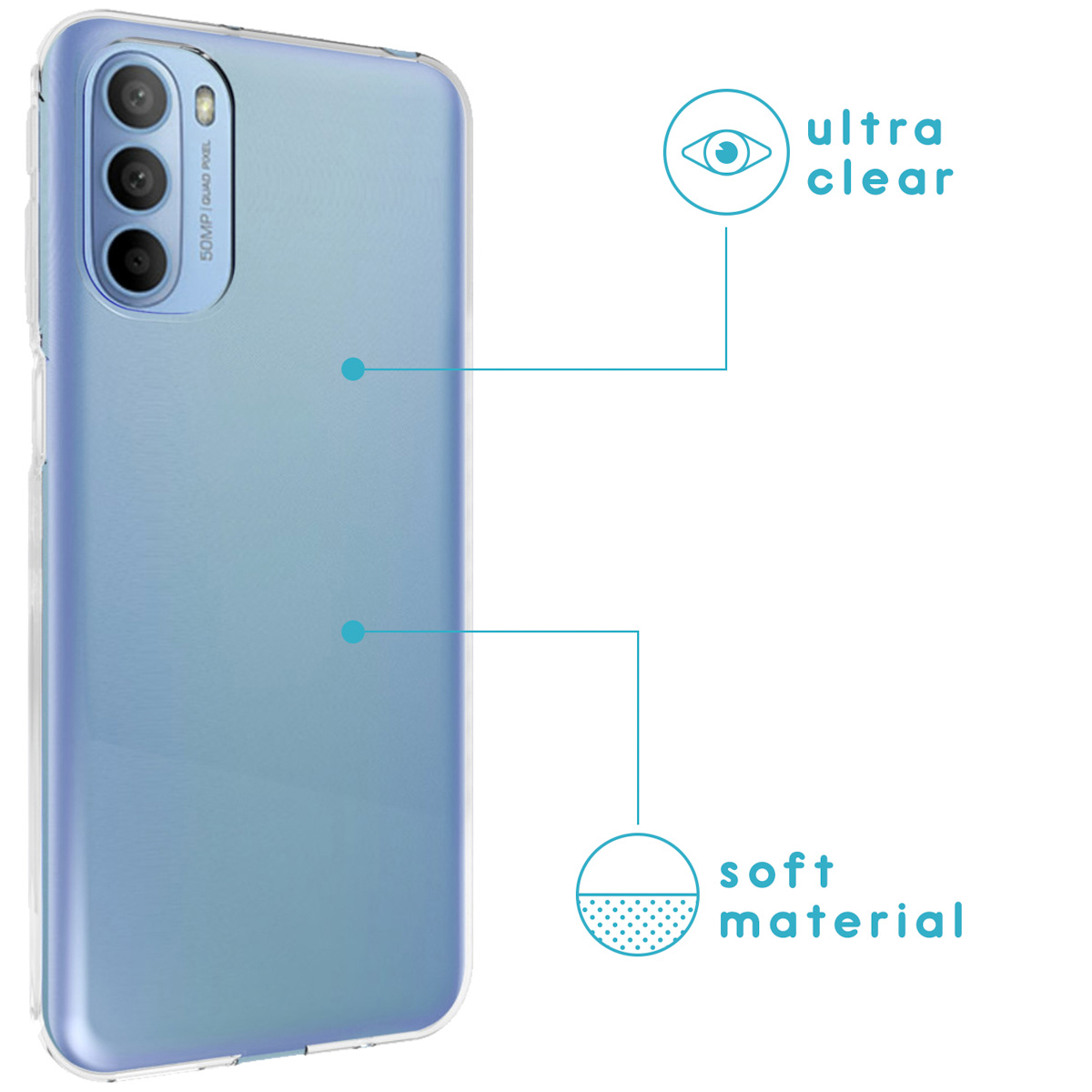 Ein hellblaues Telefon in einer klaren Hülle mit Symbolen für ultraklare und weiche Materialeigenschaften.