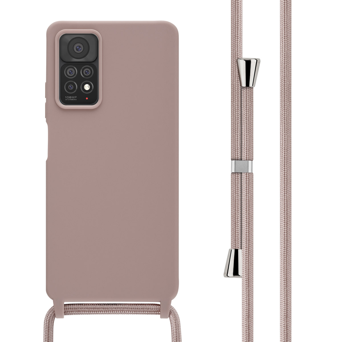 Custodia per telefono malva con cordino e un telefono.