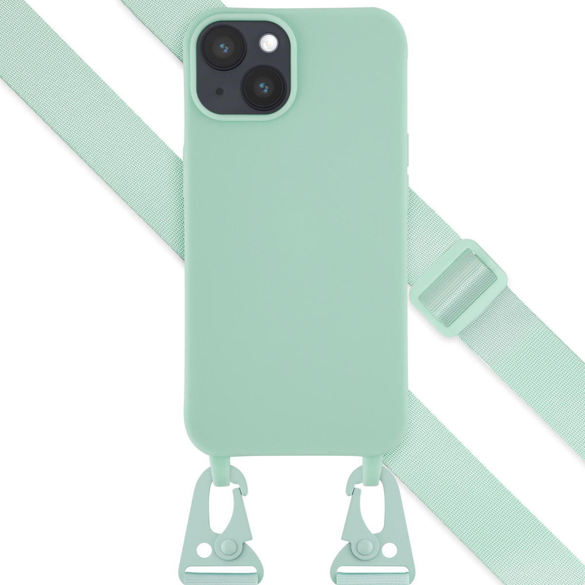 Mintgroene telefoonhoes met riem en clips. De riem is mintgroen.