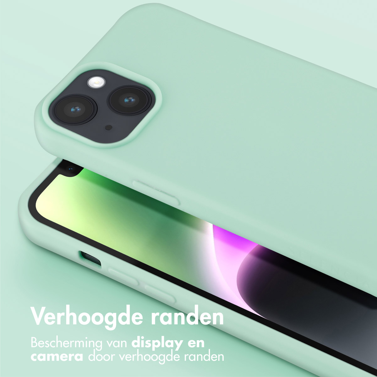 Mintgroene telefoonhoes op een telefoon, met tekst over verhoogde randen.