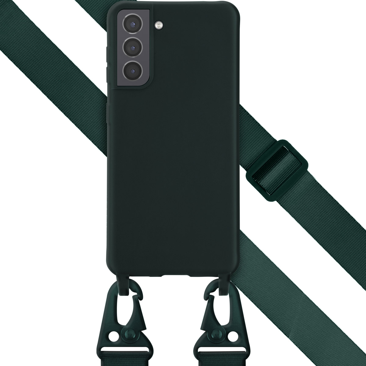 Zwarte telefoon met een groene band. De band heeft een gesp en groene sluitingen.