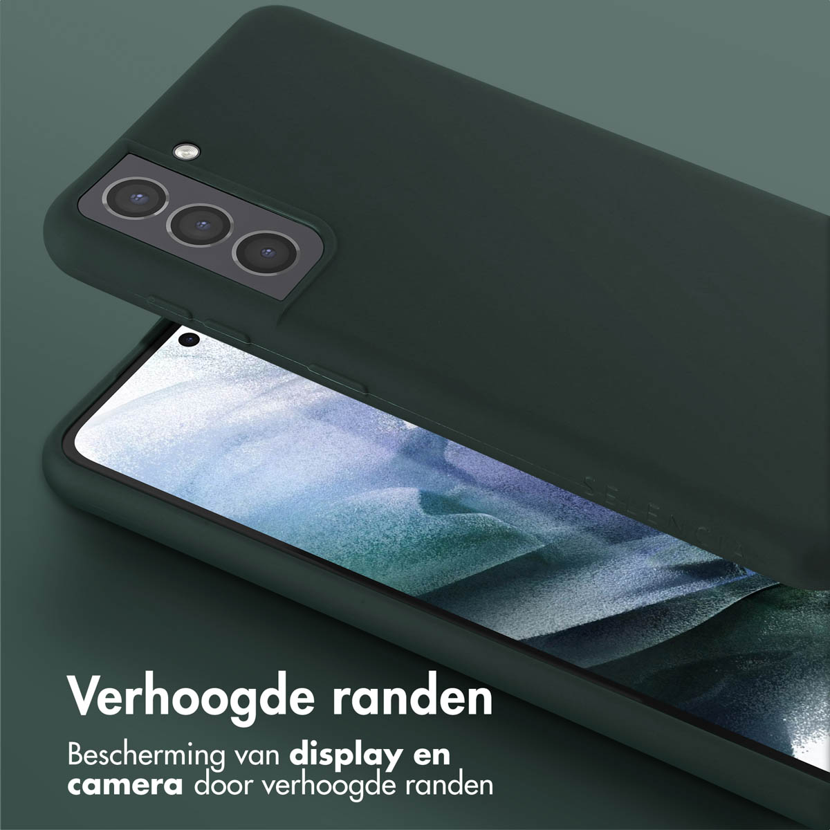 Donkergroene telefoonhoes met opstaande randen. Telefoon zit erin. Tekst zegt 'opstaande randen'.
