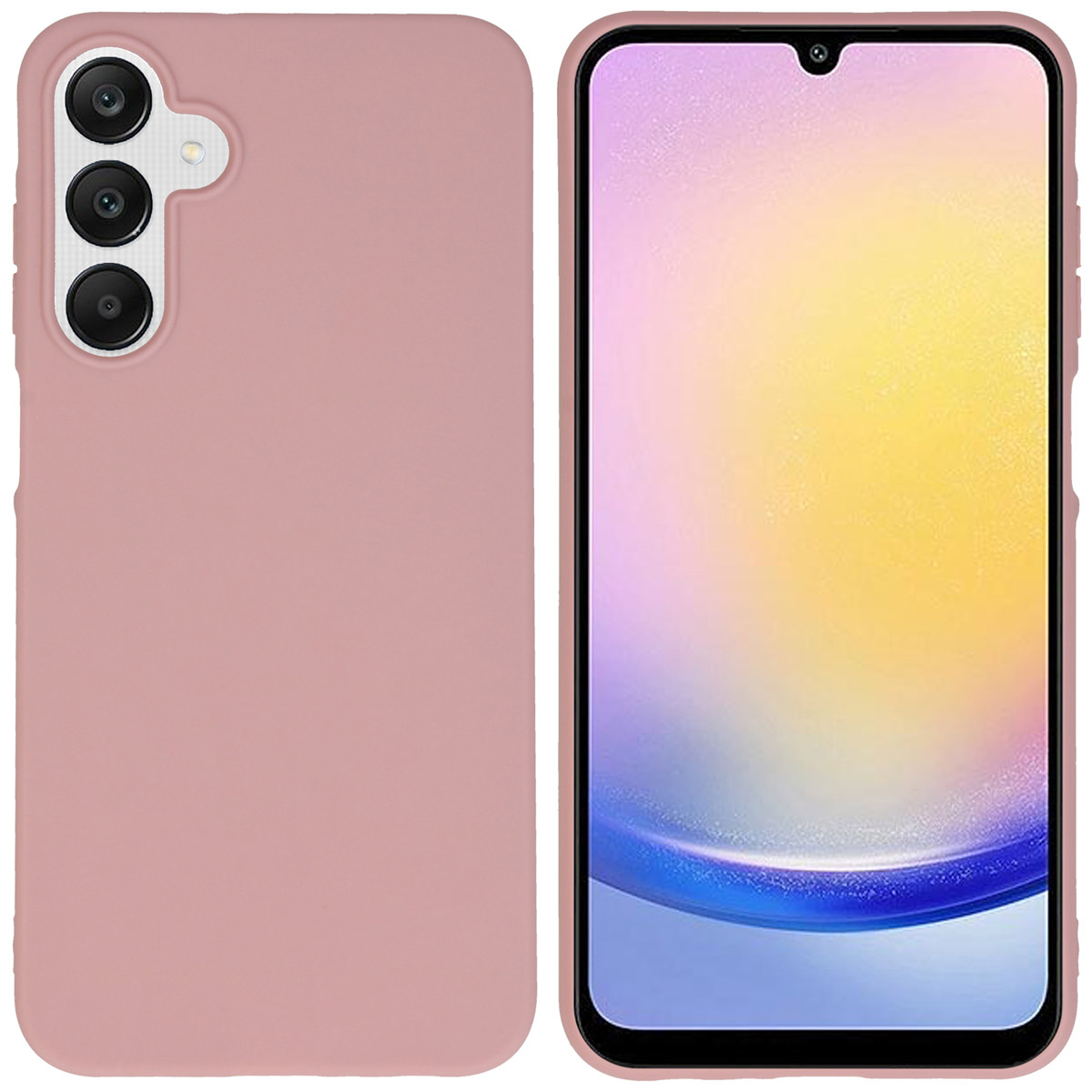 Twee telefoonhoesjes. Eén is roze, de andere is het scherm van de telefoon. De telefoon heeft drie camera's.