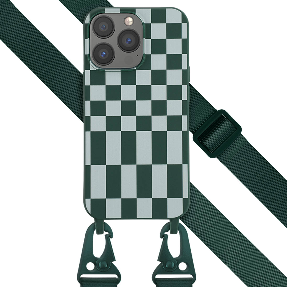 Coque de téléphone verte avec un motif à carreaux. La coque a une sangle verte.