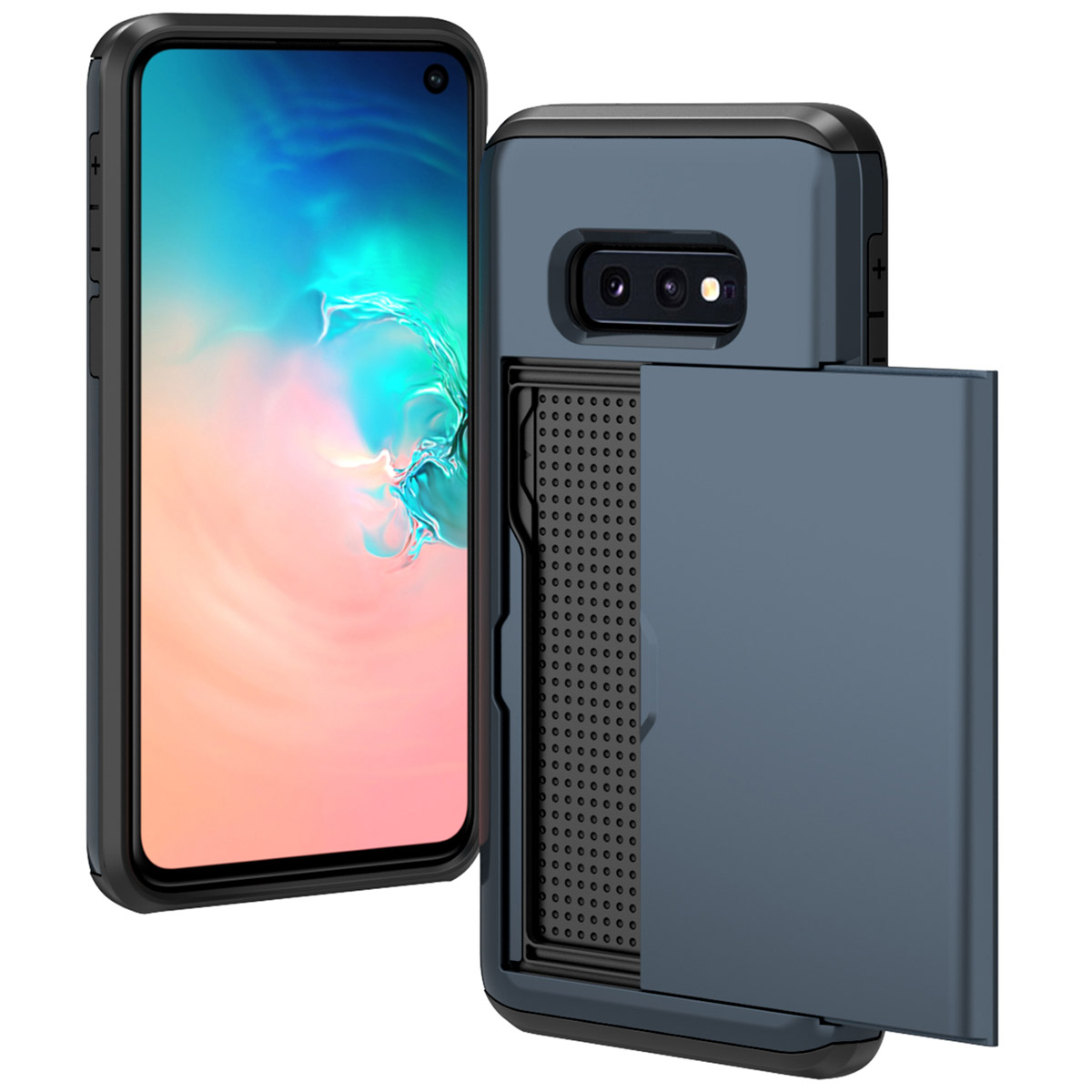 Coque de téléphone avec fente pour carte, noire et bleue. Écran du téléphone visible. Fond blanc.