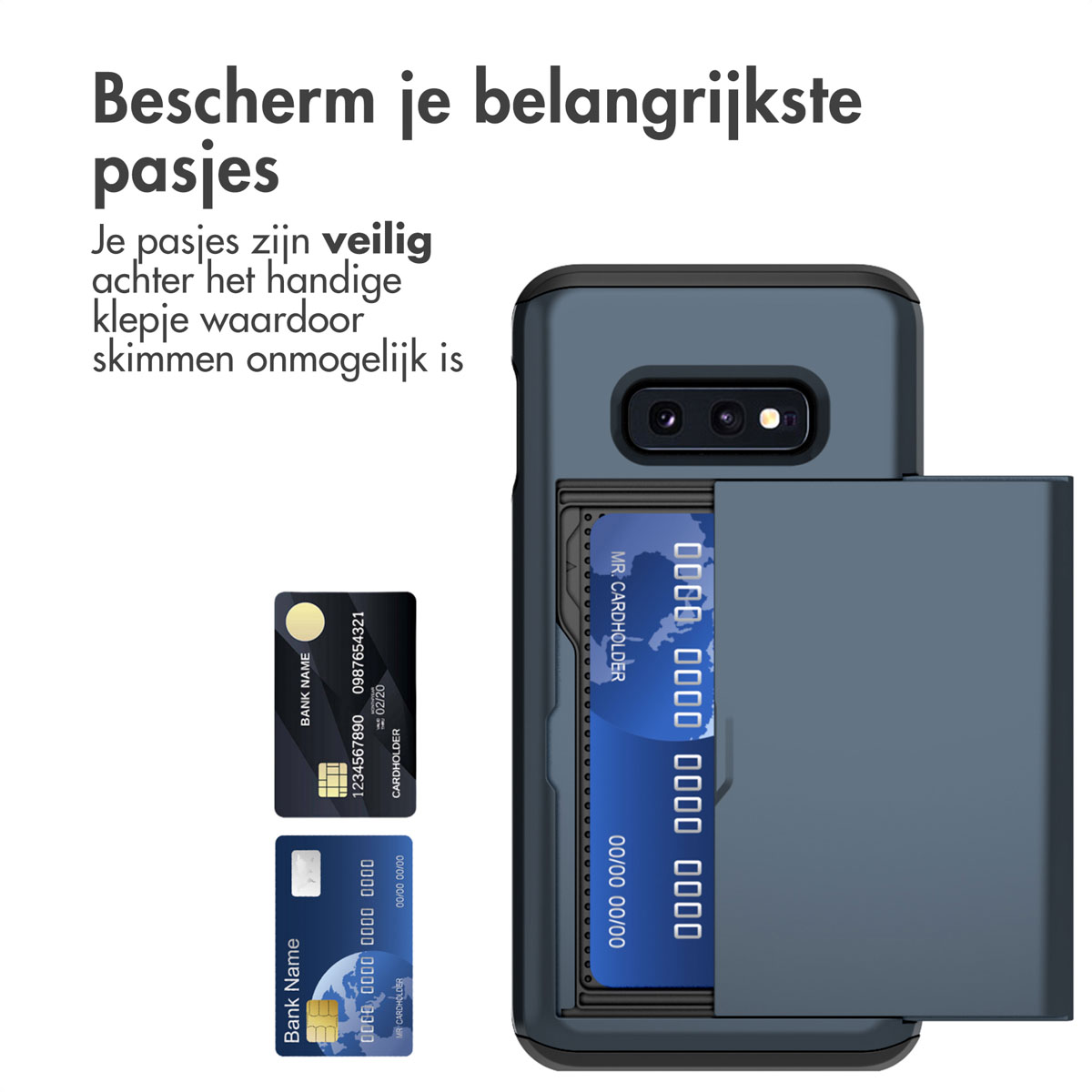 Coque de téléphone bleue avec un porte-cartes. Deux cartes visibles. Fond blanc.