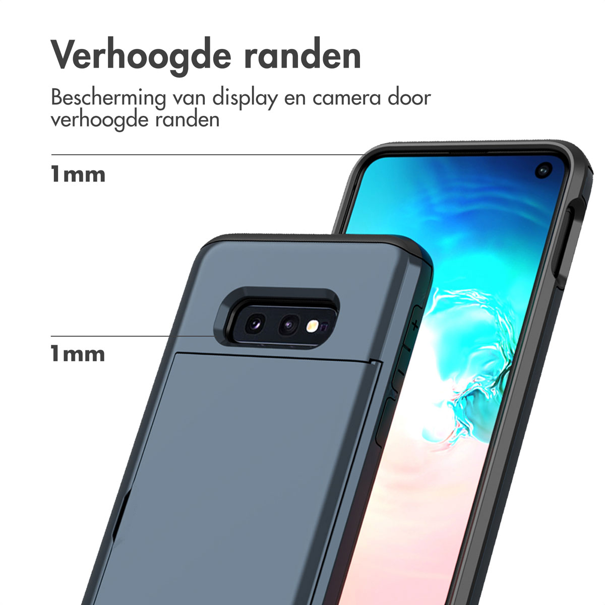 Coque de téléphone avec un téléphone, montrant des bords surélevés et une coque bleue.