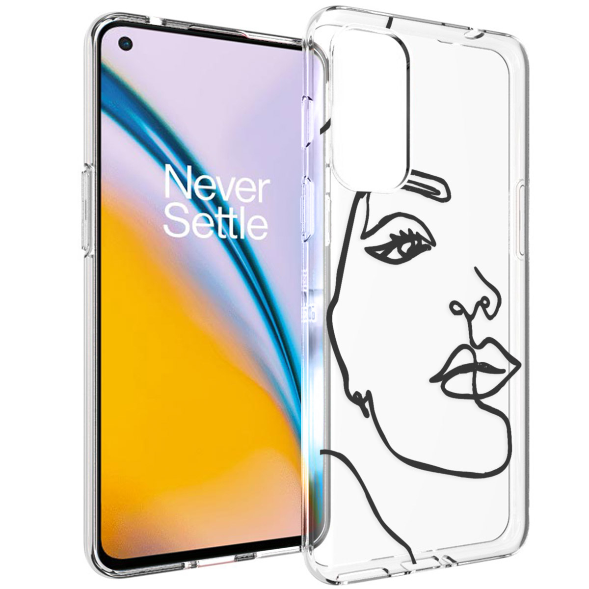 Transparante telefoonhoes met een gezichtsomtrek in zwart. Witte achtergrond.