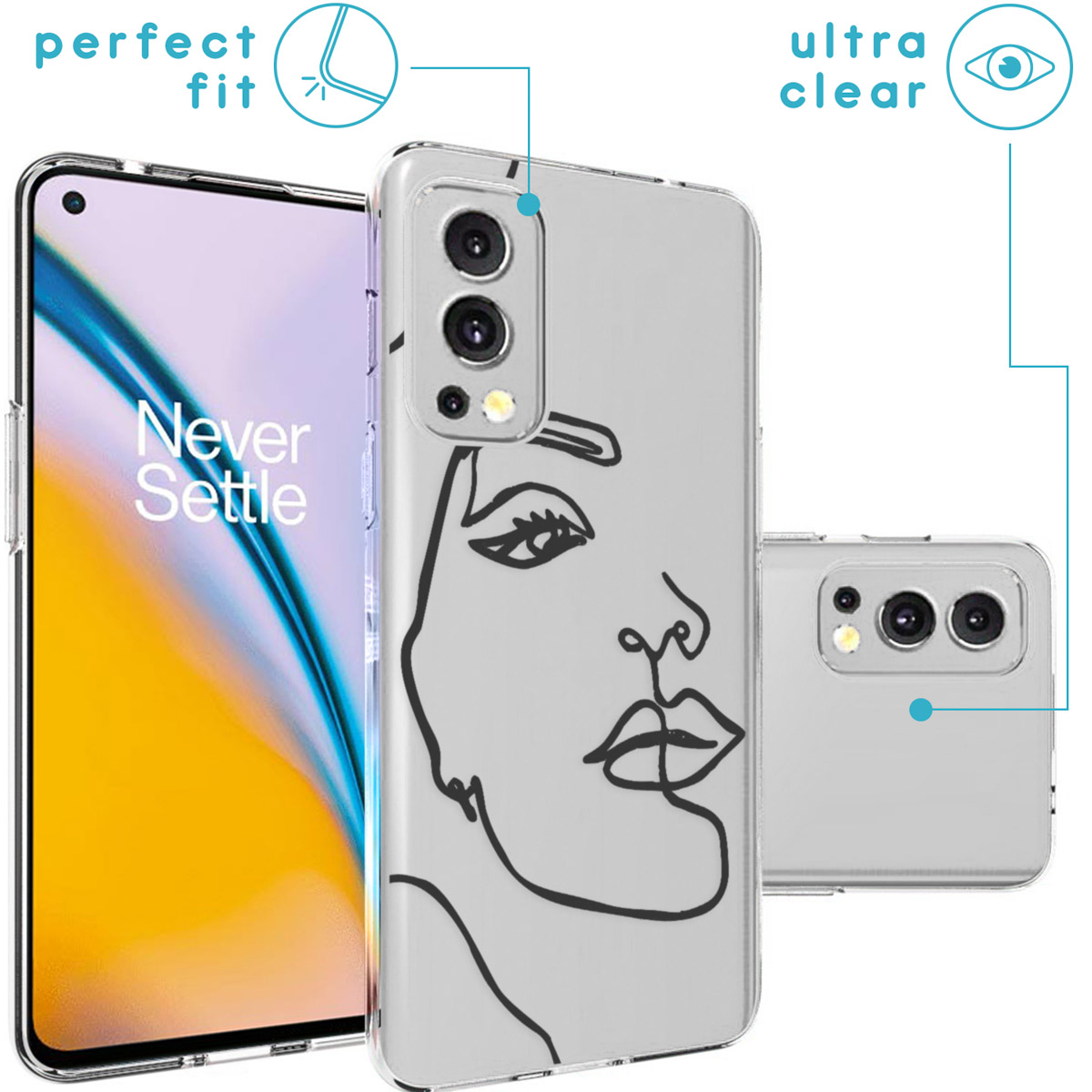 Transparant telefoonhoesje met line art gezicht. Tekst: Perfecte pasvorm, Ultra helder.