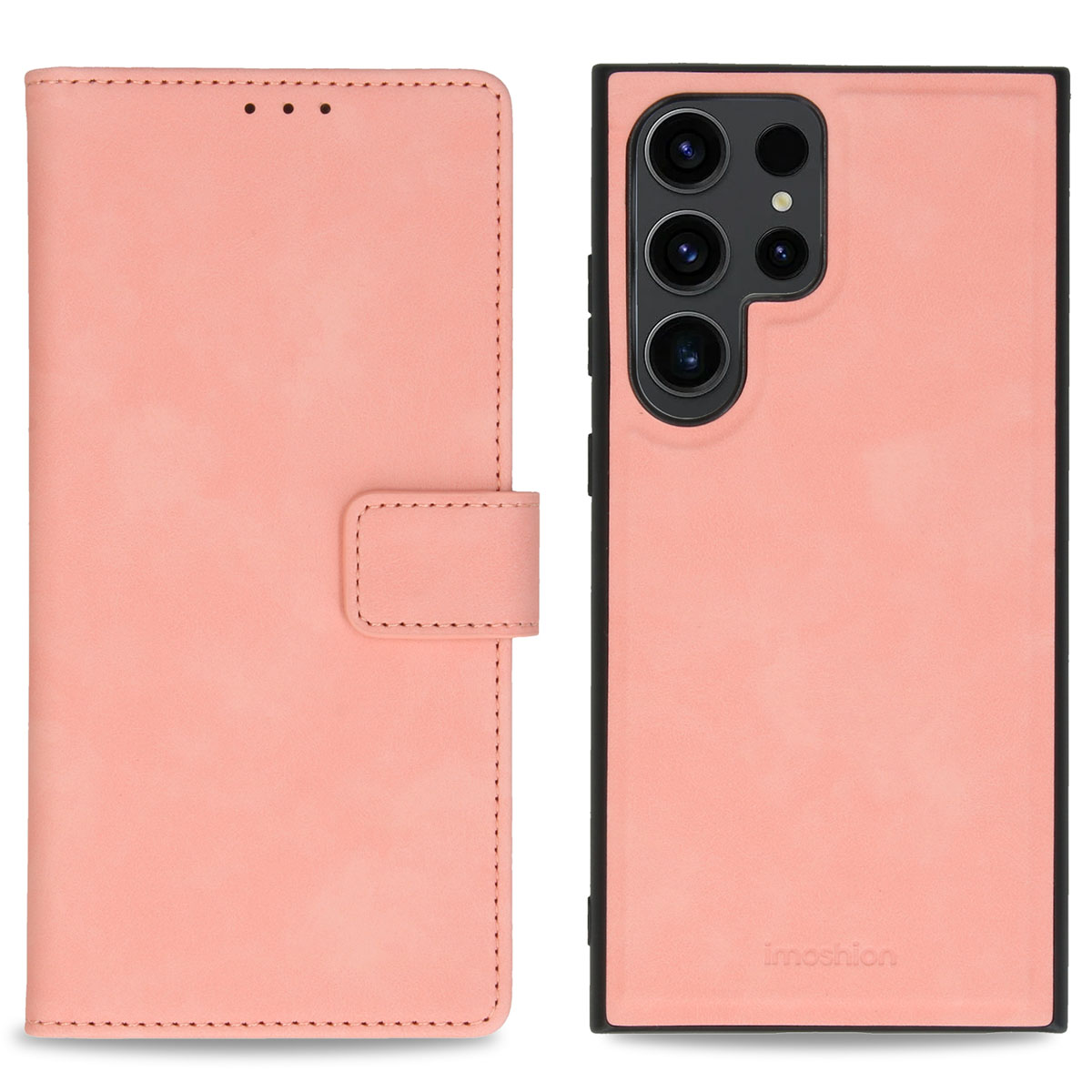 Een roze leren flip telefoonhoes en een bijpassende telefoonhoes.