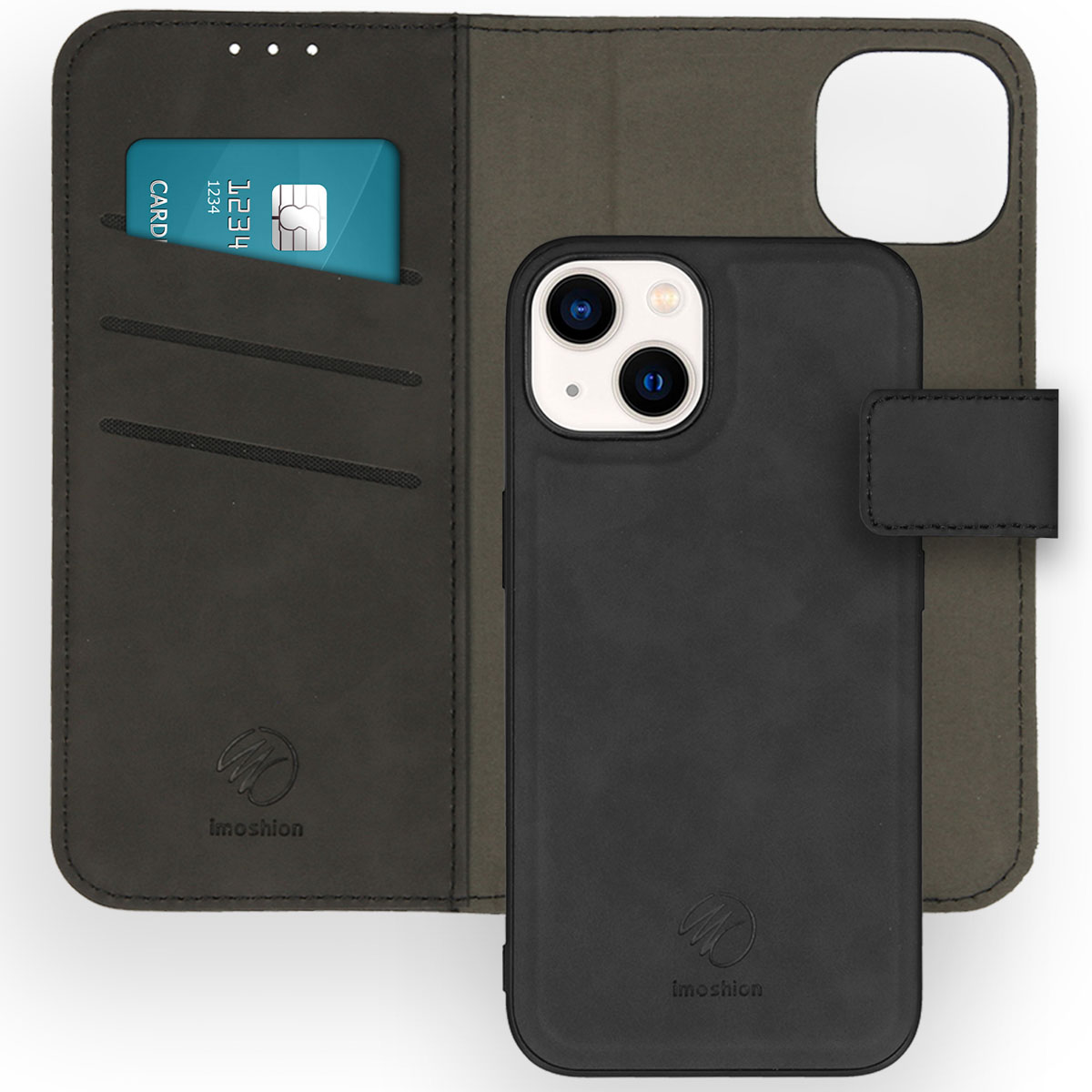 Schwarze Handyhülle mit Kreditkarte in der Tasche, offen. Zeigt das Telefon.