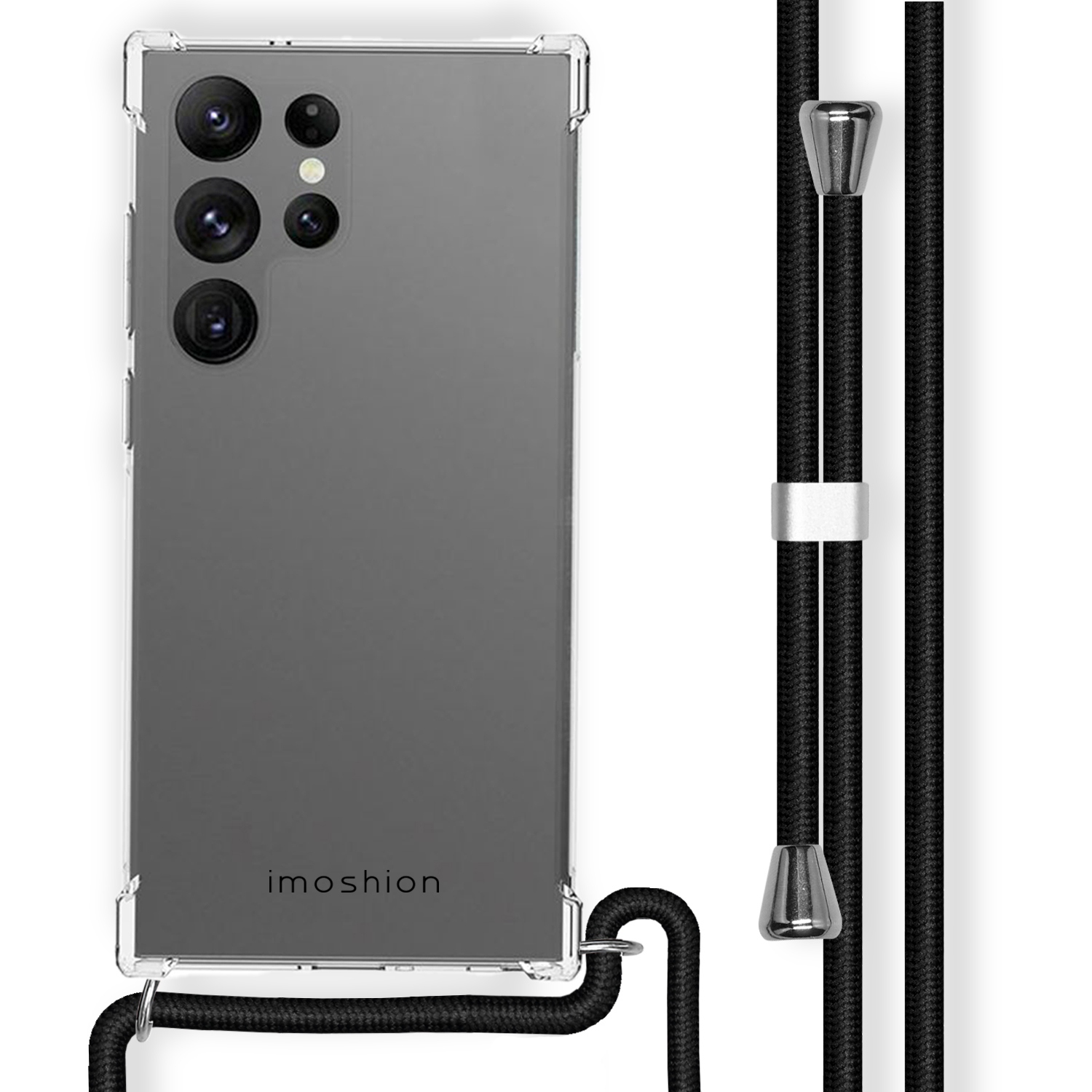 Transparante telefoonhoes op een telefoon met een zwart geweven koord. Tekst: imoshion.