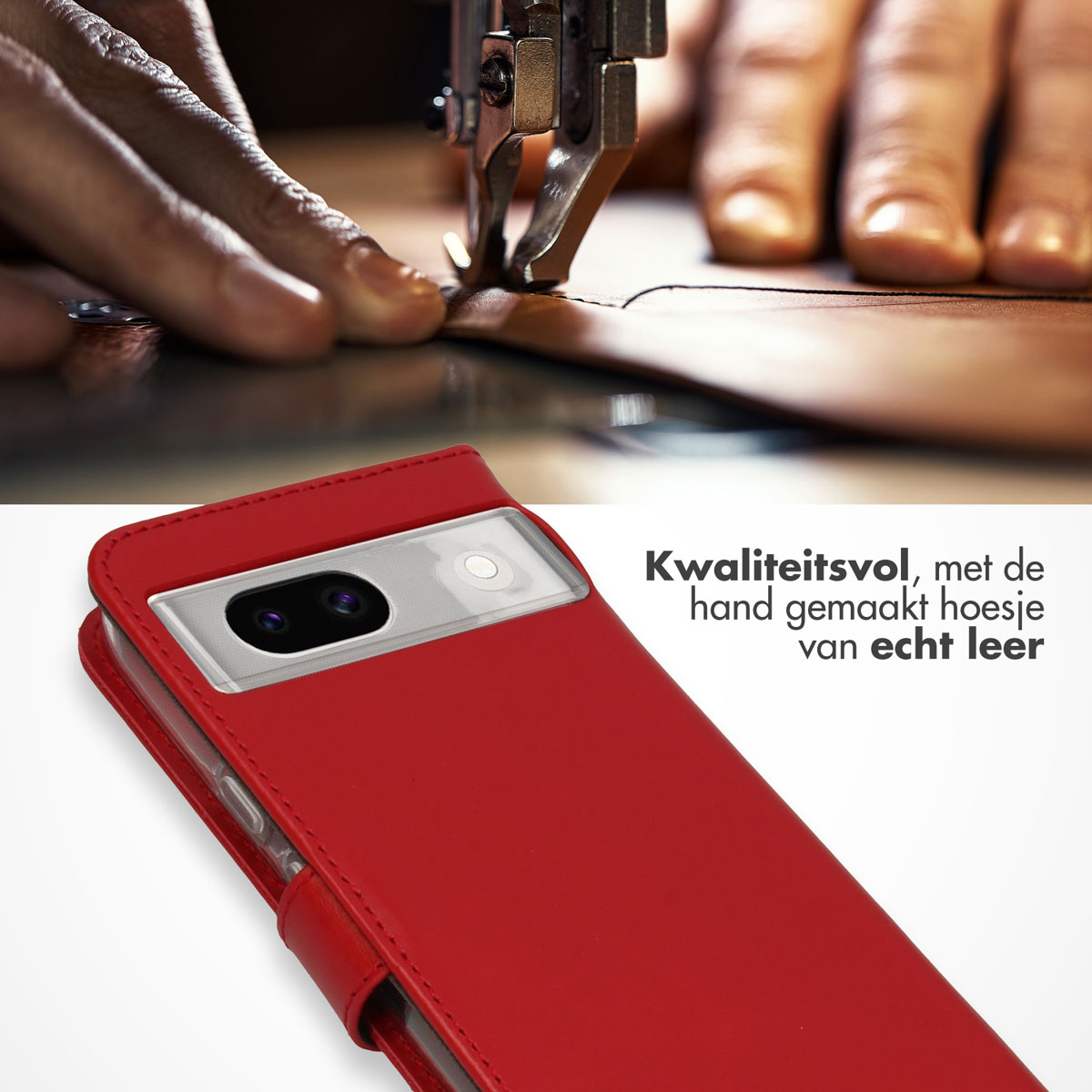 Rote Leder-Handyhülle wird von einer Maschine genäht. Das Telefon ist sichtbar.
