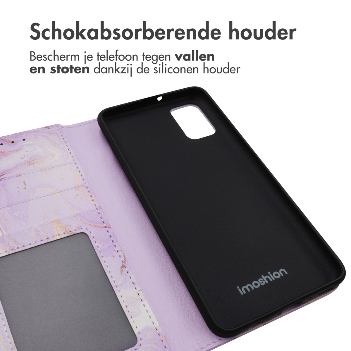 Schwarze Handyhülle mit lila Marmormuster-Brieftaschen-Design und Sichtfenster.