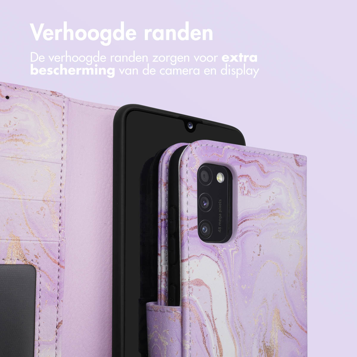 Lila Marmor Handyhülle mit erhöhten Rändern für Kamera und Display.