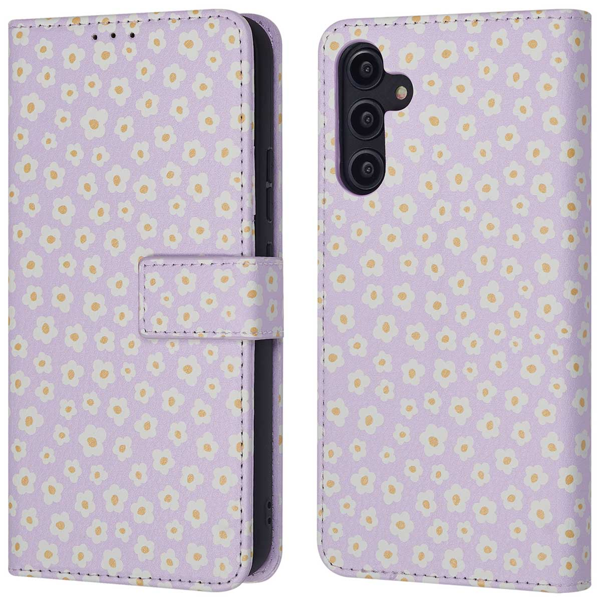 Étui de téléphone violet avec motif floral blanc et jaune et découpe caméra.