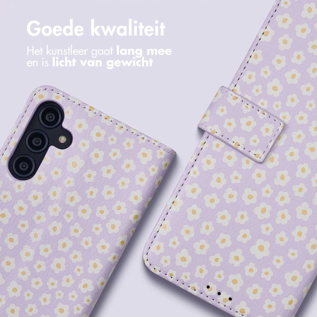 Étui de téléphone violet à motif floral blanc et jaune et ouverture pour appareil photo.