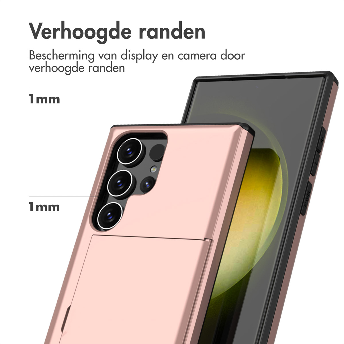 Een roségouden telefoonhoes met 1 mm verhoogde randen ter bescherming.