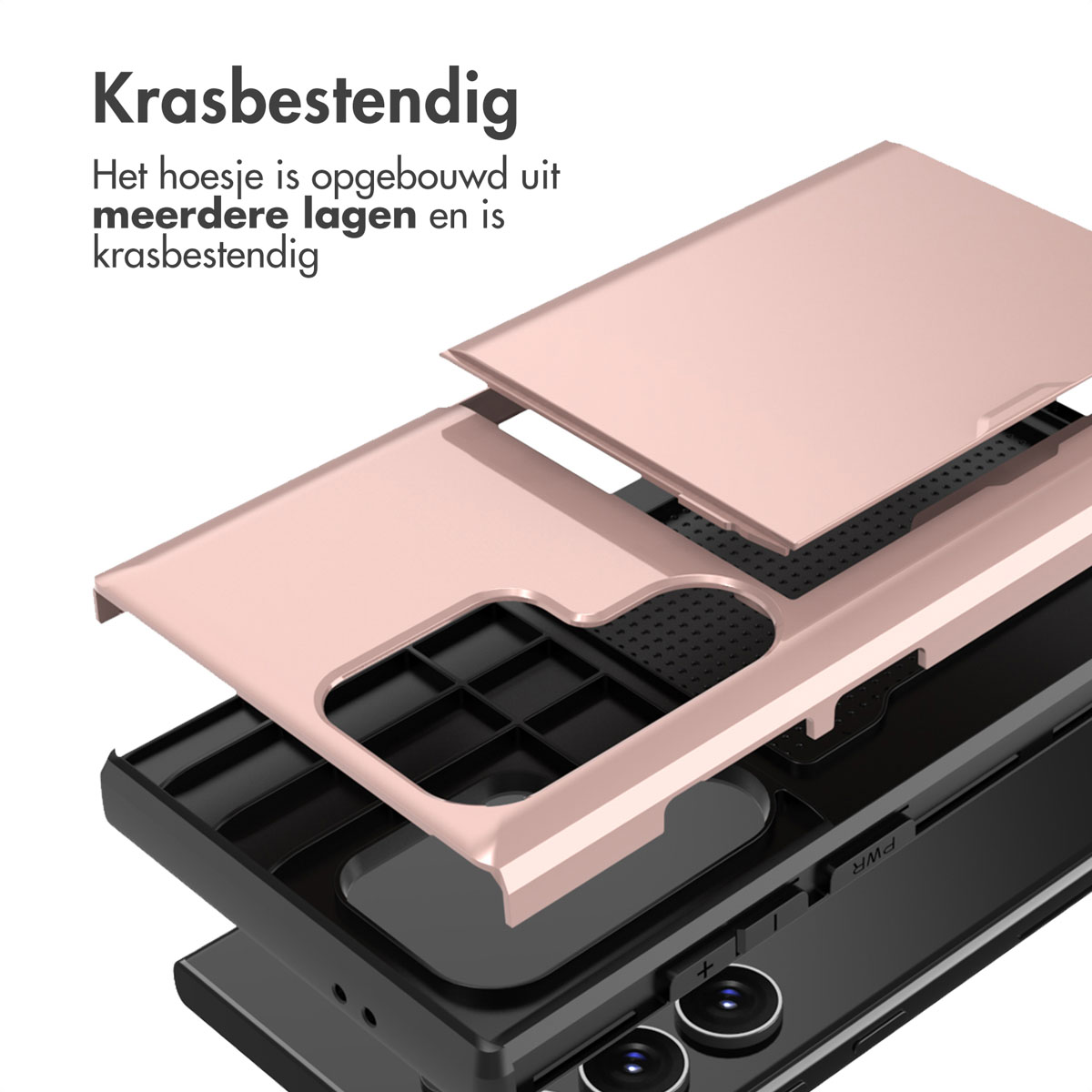 Een roségouden telefoonhoesje in lagen, krasbestendig.