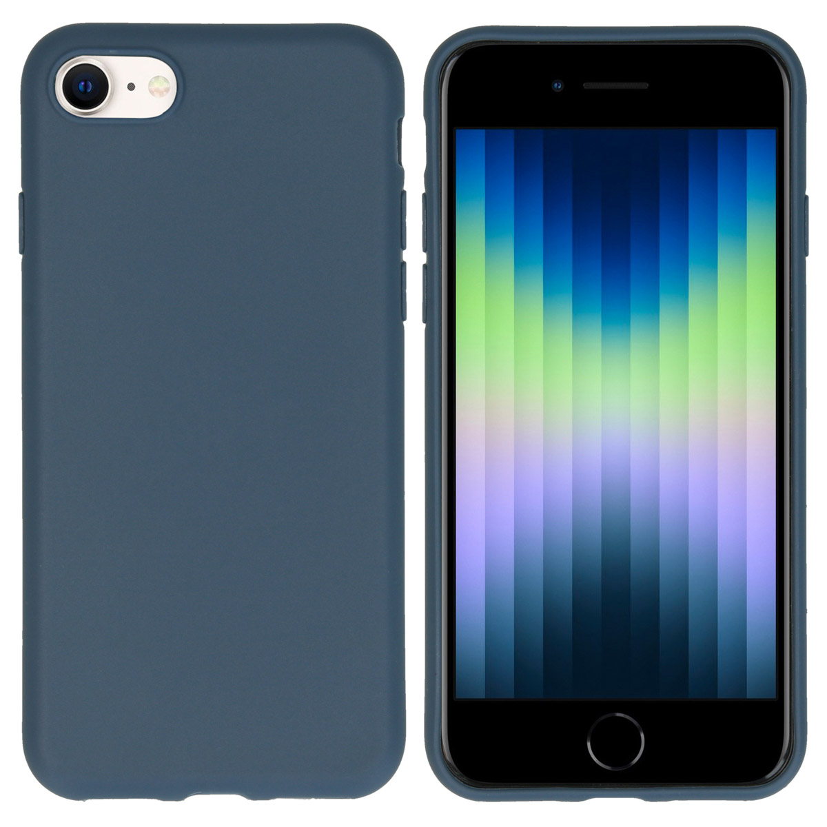 A blue phone case and a phone. The phone is blue and displays the screen.