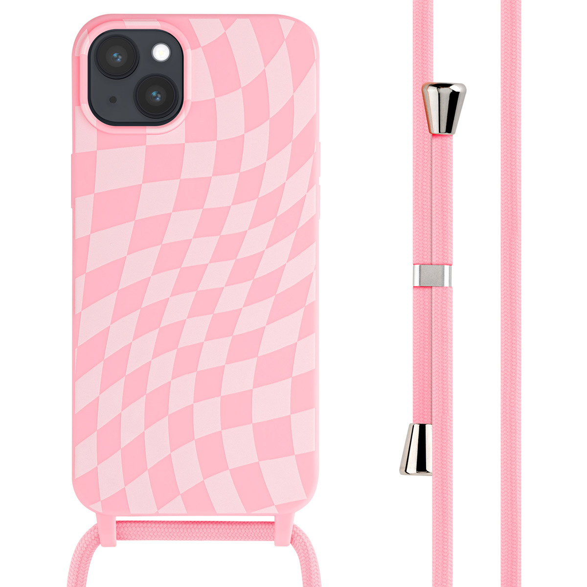 Coque de téléphone rose à carreaux avec cordon rose. Matériel argenté. Fond blanc.